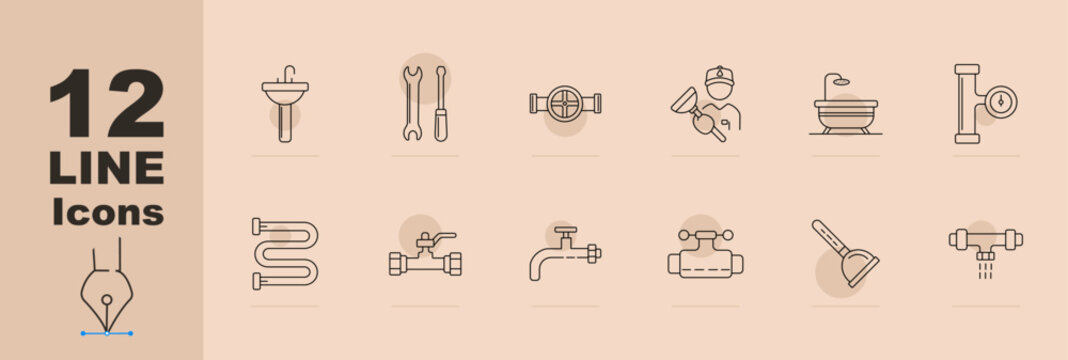 Plumbing tools set icon. Sink basin, wrench tools, pipe valve, worker repair, bathtub, pressure gauge, curved pipe, water valve, faucet tap, pipeline system, plunger tool