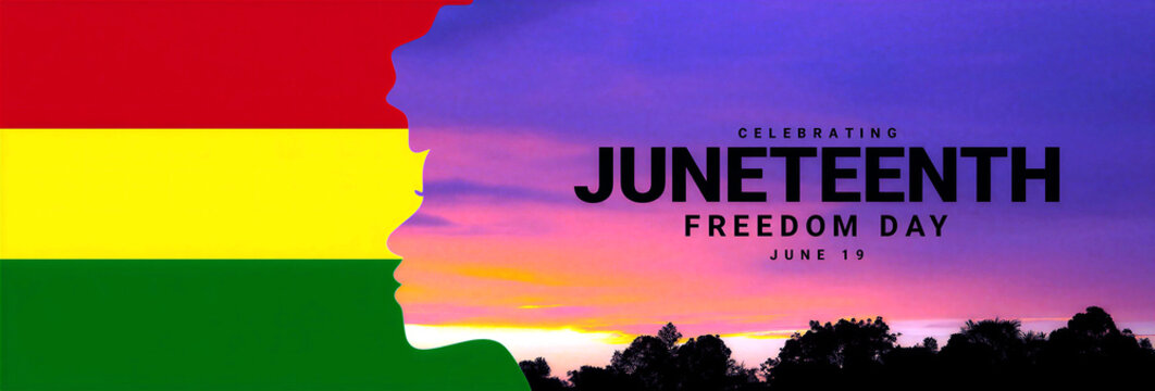 Silhouette of a person with colorful flag background celebrating juneteenth freedom day at sunset