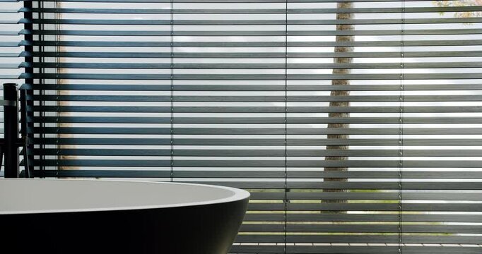 An elegantly designed modern office space featuring a sleek table and horizontal blinds with a serene water view through the window. Modern Office Space with Sleek Design and Scenic Water View