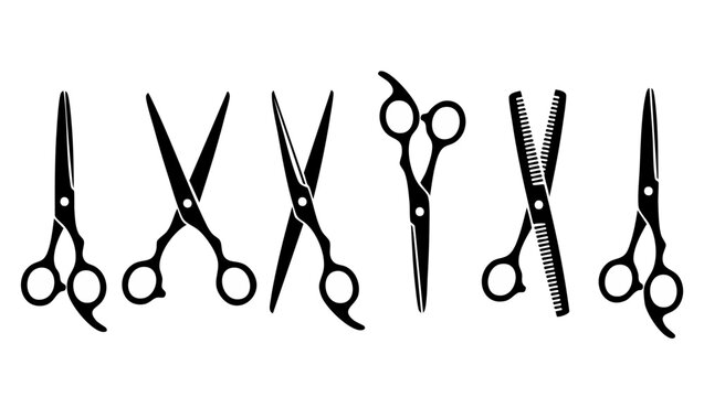 Hairdressing Scissors Set Professional Barber Tools Icon Collection Isolated on White Background, Silhouette Design for Beauty Salon, Haircut Equipment, Grooming Supplies and Stylist Accessories Graph