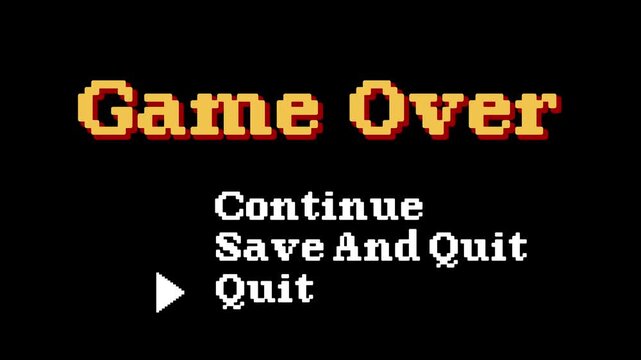 Videogame ending screen text on a tv: Game over Continue Save Quit (choice). 8-bit retro style. 4 Video