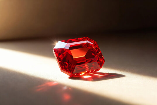 A large, brilliant red gemstone is illuminated by a focused beam of light on a reflective surface.