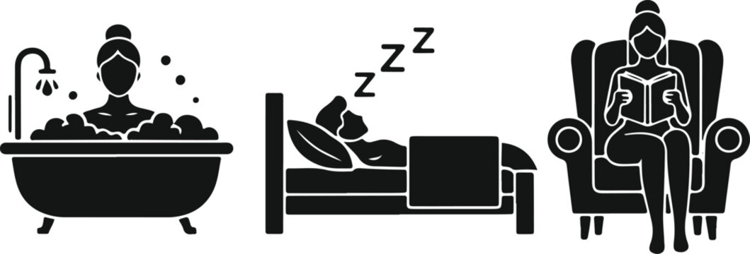 Woman relaxing, bath, sleep, reading, self care, hygiene, rest, bedtime, comfort, leisure, hobbies, home life, relaxation, tranquility, peace, quiet.