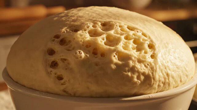 Close-Up Time-Lapse Of Yeast Dough Rising And Bubbling In A Bowl During Baking Process In A Warm Kitchen
