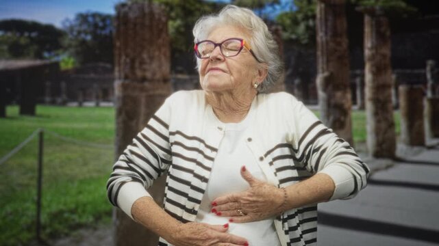 Senior woman clutching chest and abdomen, eyes closed, wearing striped cardigan and glasses, standing among ancient columns at a building site; pain concern vulnerability.