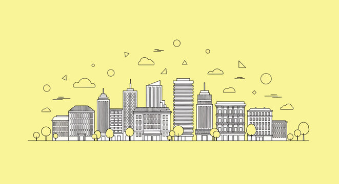 Modern City Skyline Outline Illustration with Tall Buildings and Urban Landscape.