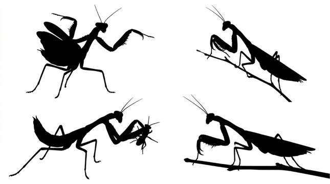 Four praying mantis insects in different poses isolated on white background, Vector