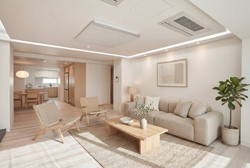 Fototapeta premium Bright Luxury Residential Lounge With Open Plan Interior And City View