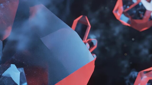 Floating cluster of translucent blue quartz crystals with glowing pink neon edges, faceted reflective surfaces and refractive detail suspended in a cosmic nebula, 3D render