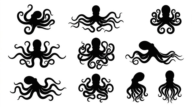 Black octopus with curly tentacles illustration isolated on white background, Vector