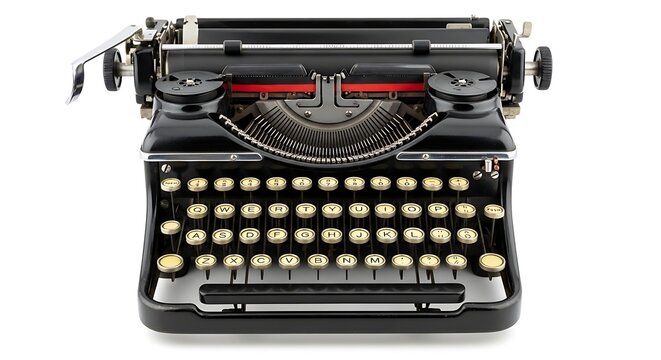Front view of antique black manual typewriter with classic white keys isolated on white background for creative writing and retro design inspiration