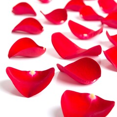 Fototapeta premium Rose petals scattered on white background.