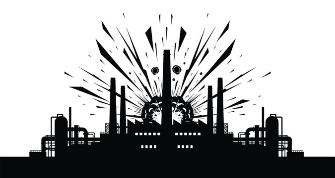 Industrial plant factory building explosion silhouette with smoke and debris fragments.