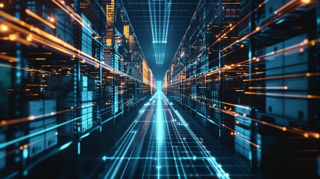 Futuristic server room data center with glowing blue grids and fast orange light trails for digital storage concepts