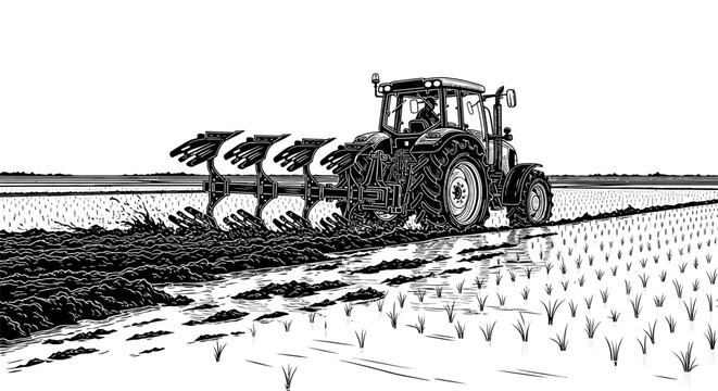 Tractor Plowing Agricultural Field with Equipment.