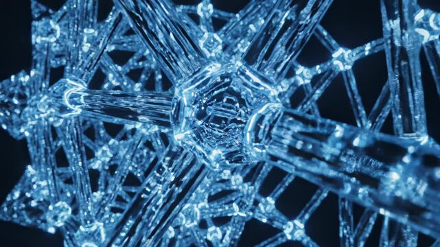 Close-up of an intricate crystalline lattice resembling ice or glass with hexagonal nodes and angular struts forming a translucent blue geometric network and refraction