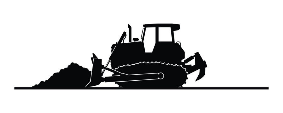 Bulldozer silhouette pushing pile of dirt at construction site heavy machinery vector art.