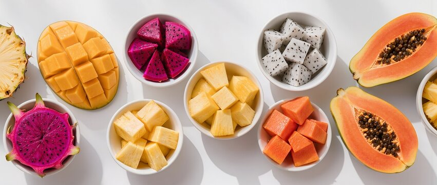 Colorful tropical fruit assortment with sliced mango papaya dragon fruit pineapple