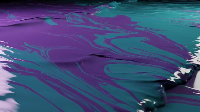 Two video frames of a glossy teal and purple marbled liquid expanse featuring flowing wave-like ripples, reflective highlights, paint-like undulations, cinematic close-up texture and motion detail