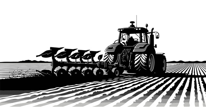 Tractor pulling large farming equipment.