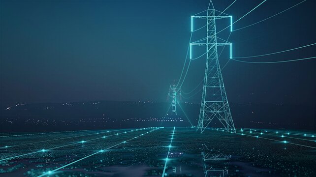 Futuristic glowing electric transmission tower on a reflective surface representing modern digital infrastructure and smart energy