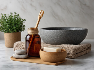 Fototapeta premium Bathroom amenities on marble surface creating a calming spa ambiance
