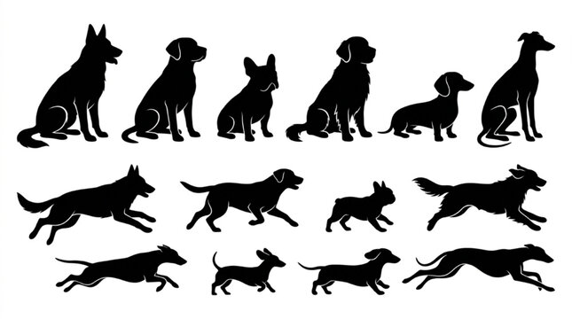 Black silhouette dogs sitting and running isolated on white background, Vector