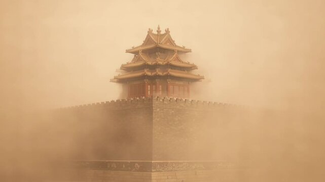 Corner tower of Forbidden City in Sandstorm &ndash; Climate Change and Air Pollution Concept