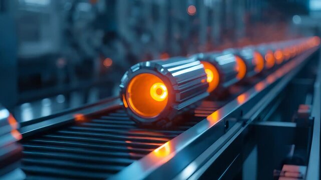 Industrial conveyor belt with glowing orange illuminated cylindrical rollers in automated manufacturing factory production line