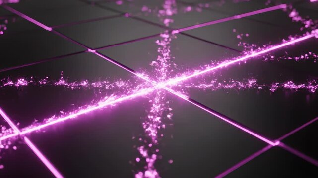 Dark reflective tiled surface transformed by intersecting neon pink grid lines with glowing particles and streaks forming geometric square patterns on a black floor