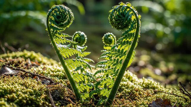 Time-Lapse of Two Green Fern Fronds Unfurling on Mossy Forest Floor in Dappled Sunlight