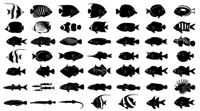 Black and white fish illustration pack isolated on white background, Vector