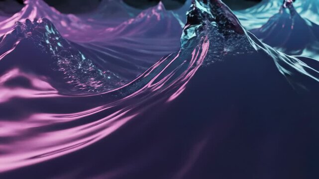 Close-up of a glossy, neon-lit undulating liquid surface with purple and teal reflections, rippling waves forming smooth peaks and valleys in abstract, cinematic, iridescent scene
