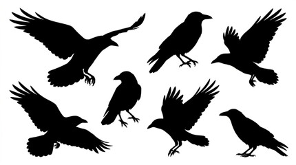 Fototapeta premium Black crows flying and perched in different poses isolated on white background, Vector