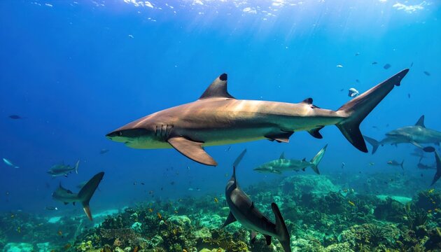 A pod of majestic hammerhead sharks swimming in formation through clear blue ocean waters with sunlight filtering from above