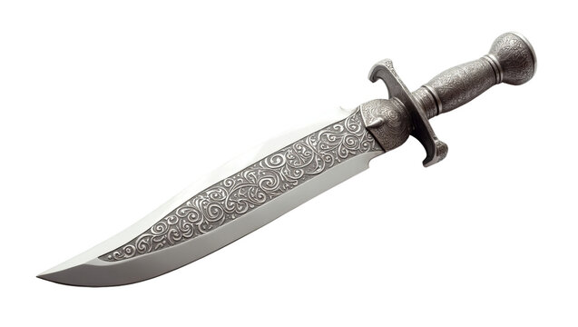 Detailed antique silver dagger featuring intricate floral engravings along the blade and handle presented for high quality graphic design projects isolated on transparent background