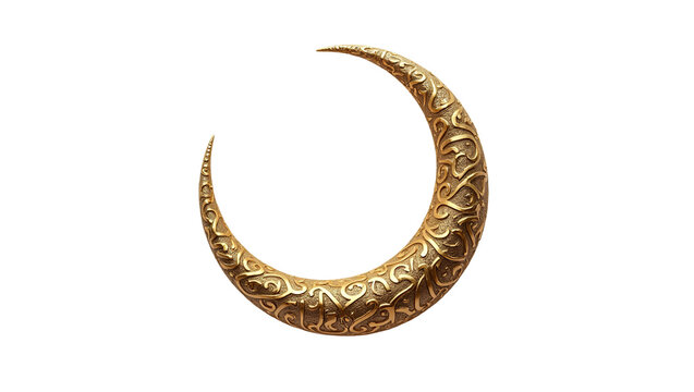 A stunning ornate golden crescent moon featuring intricate relief patterns reflecting traditional islamic art styles displayed as a singular high quality icon on transparent background