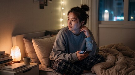Obraz premium Young woman sitting on bed at night holding smartphone, looking thoughtful and pensive, surrounded by cozy bedroom decor, warm lighting, and books, expressing overthinking