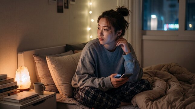 Young woman sitting on bed at night holding smartphone, looking thoughtful and pensive, surrounded by cozy bedroom decor, warm lighting, and books, expressing overthinking