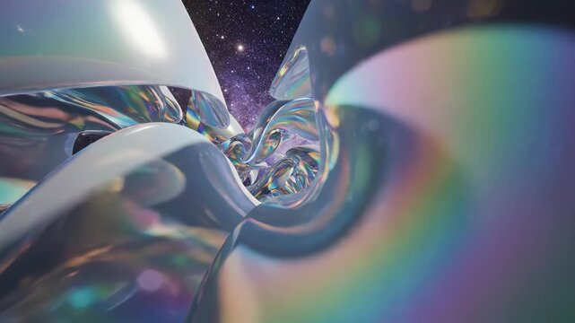 Iridescent organic metallic sculptures floating in deep cosmic space against a Milky Way and starfield background, surreal chrome liquid forms in a futuristic celestial scene