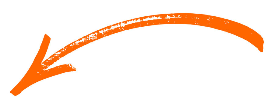 Sharp orange arrow icon in energetic hand drawn style. Creative directional pointer for modern branding featuring edgy urban street art elements and vibrant ink strokes for designs.
