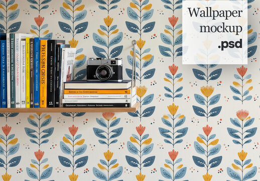 Close up wallpaper mockup with wall mounted bookshelf
