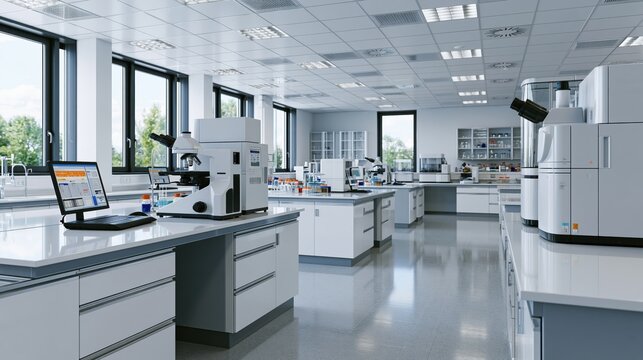 Modern empty science laboratory interior with advanced research equipment and workstations