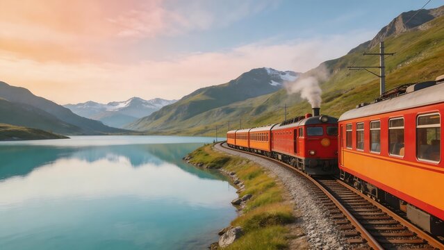 Red train by mountain lake