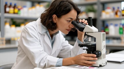 Fototapeta premium Young female scientist in white lab coat intently examining specimen under microscope