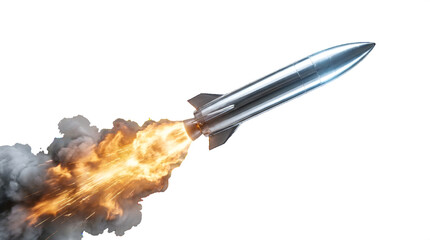Silver rocket model with powerful fire and smoke trail on transparent Background. Missile launch war concept, 3D rendered silver rocket ascending, representing startup growth and speed © bikram