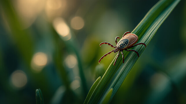 Close up of tick on green grass blade in natural environment with shallow depth of field and macro detail