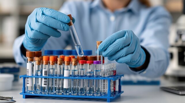 Scientist in blue gloves carefully handles test tubes in a laboratory setting