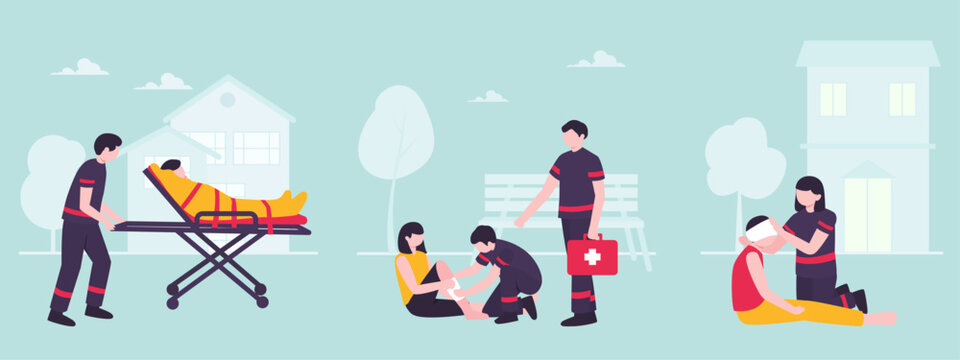 Emergency medical services vector illustration, paramedics providing first aid to injured people, ambulance crew with stretcher and medical kit