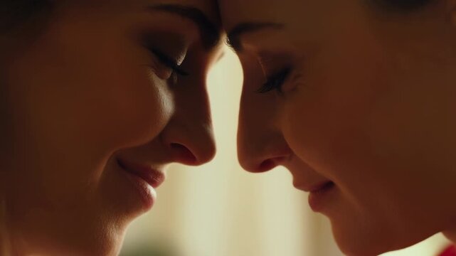 Warm Romantic Connection. Emotional Portrayal Of Lovers Sharing Intimate Moment With Warm Backlighting